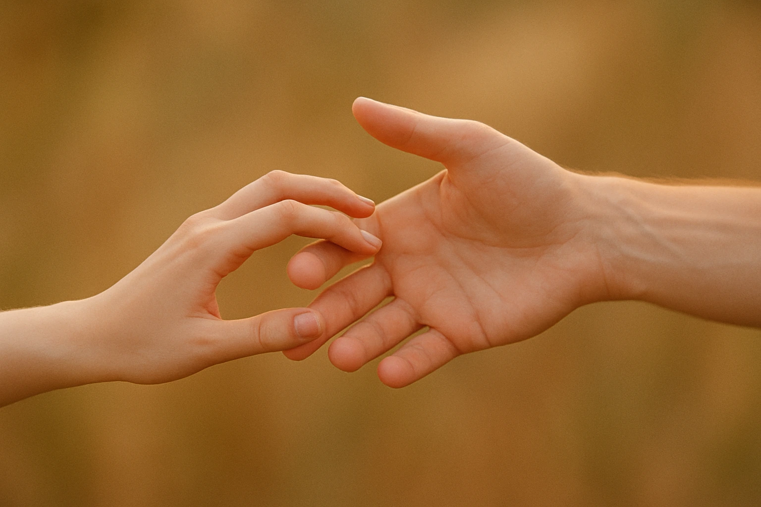 Deux mains qui se touchent doucement, symbolisant l'accompagnement du deuil et le lien après la perte.