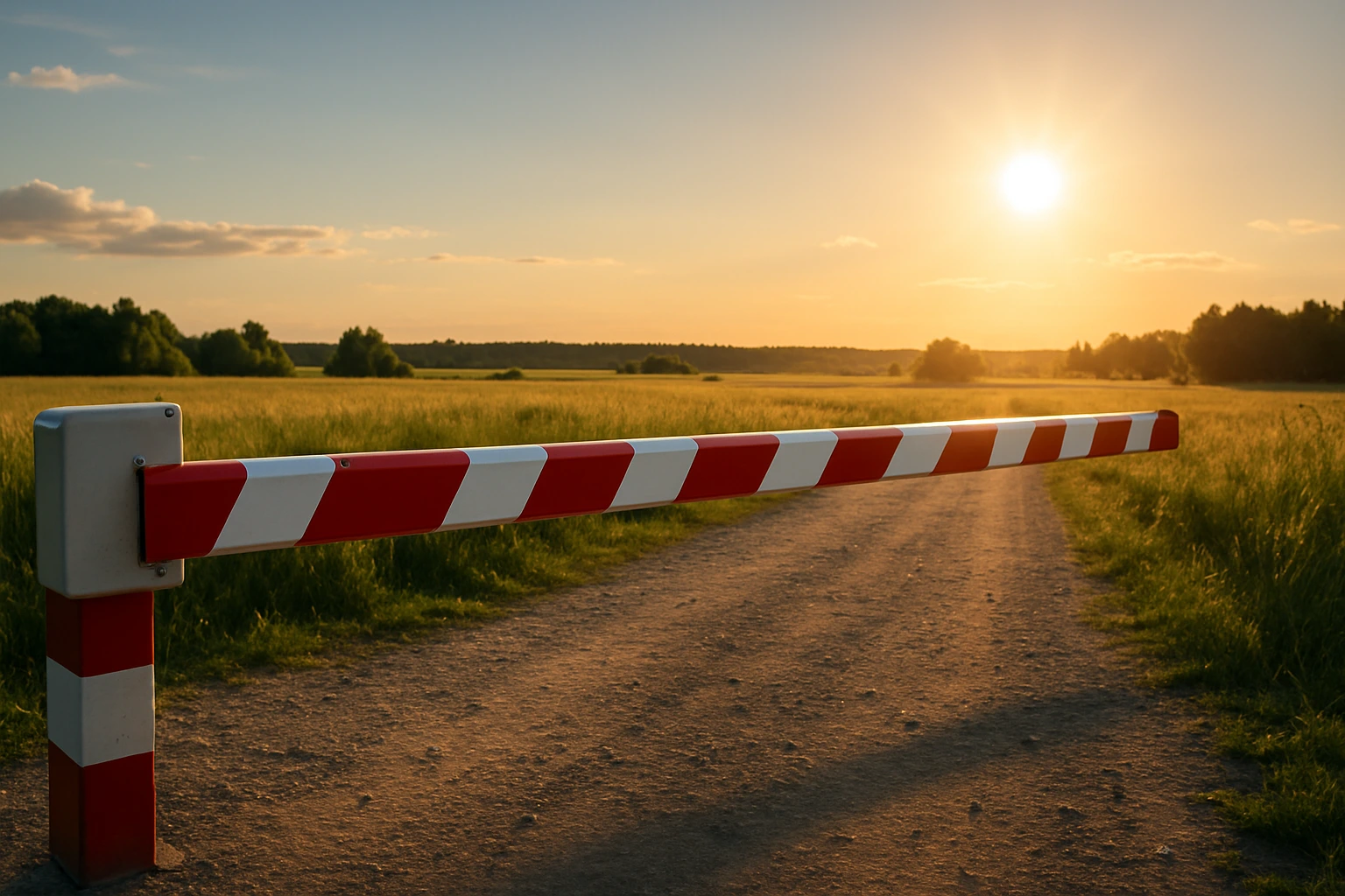 Barrière rouge et blanche bloquant un chemin, symbole des blocages émotionnels ou psychiques dans la vie.