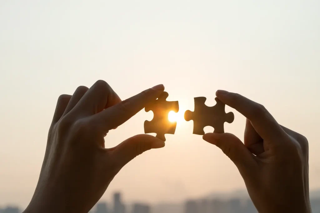 Deux pièces de puzzle réunies devant un soleil couchant, symbolisant l’union du mental et du ressenti