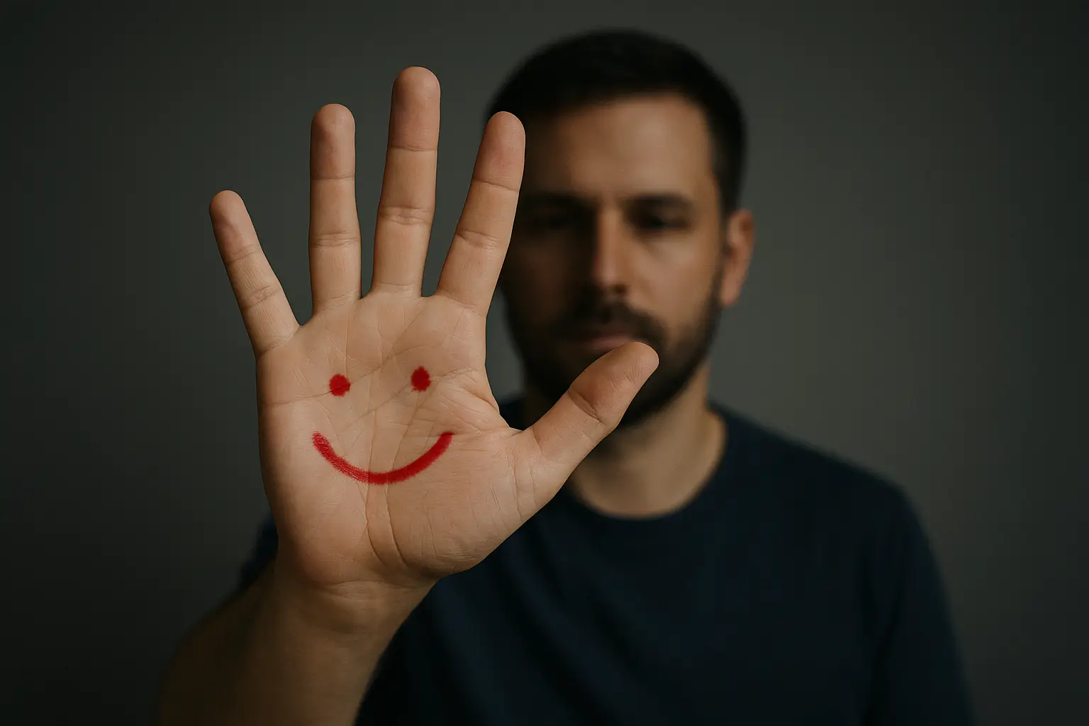 Main ouverte avec un sourire rouge dessinée dans la paume, symbolisant le lien entre le corps et l’émotion dans la thérapie psychocorporelle de Romain Martini à Neuville-sur-Saône.