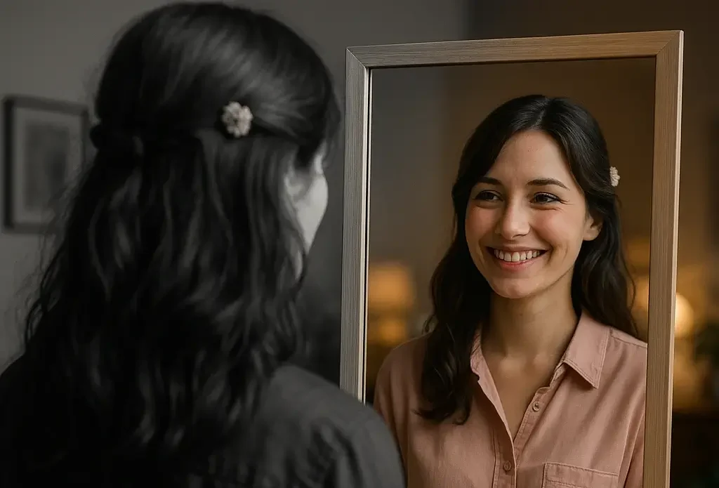 Cette image de femme souriant à son reflet illustre la réconciliation avec soi-même. La thérapie EMDR aide à transformer les croyances négatives en confiance et à reconstruire une image de soi plus juste et bienveillante.