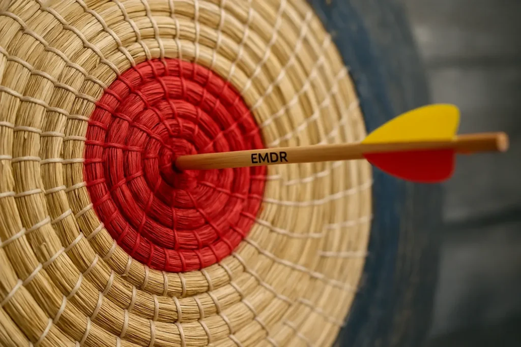 L’image de la flèche EMDR au cœur de la cible symbolise l’efficacité et la rapidité du processus thérapeutique. La thérapie EMDR permet d’atteindre l’essentiel, en ciblant directement la source du traumatisme pour une libération durable.