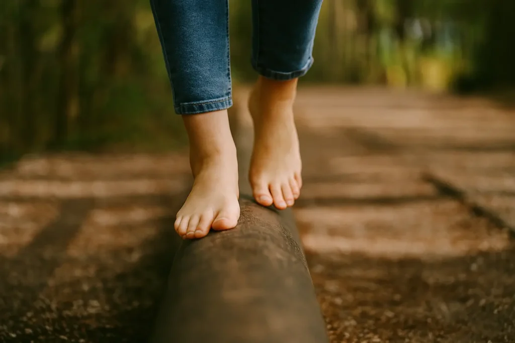 Les pieds nus en équilibre sur un tronc évoquent la stabilité retrouvée. Grâce à la thérapie EMDR, les émotions se régulent naturellement, permettant de marcher à nouveau sereinement sur son propre chemin de vie.