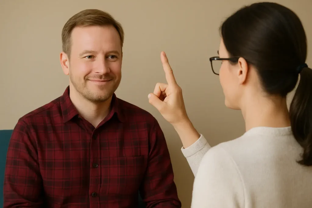 Séance d’accompagnement thérapeutique en EMDR : une praticienne guide un patient grâce à des stimulations bilatérales oculaires. L’image illustre le cadre sécurisant, l’alliance thérapeutique et le rôle du thérapeute dans l’accompagnement du retraitement des souvenirs difficiles.