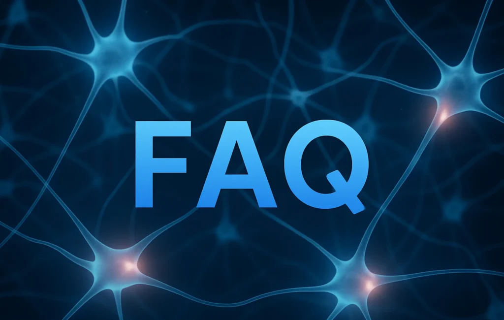 Illustration du mot “FAQ” sur un fond de connexions neuronales, utilisée pour présenter la foire aux questions sur l’EMDR. L’image symbolise la compréhension du fonctionnement du cerveau et l’objectif d’éclairer les interrogations les plus courantes avant de s’engager dans la thérapie.