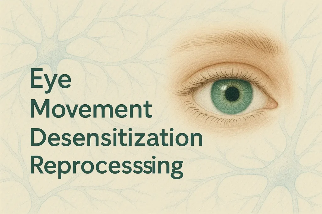 Illustration d’un œil stylisé avec la mention “Eye Movement Desensitization Reprocessing”, utilisée pour présenter les précautions nécessaires avant de commencer l’EMDR. L’image symbolise l’importance de l’évaluation, de la sécurité et du cadre thérapeutique avant tout travail de retraitement.