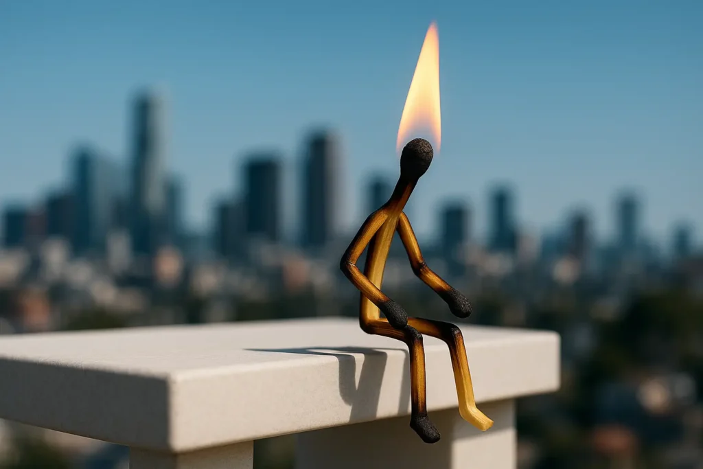 Personnage assis sur un banc, enflammé, représentant l’épuisement profond lié au burn-out