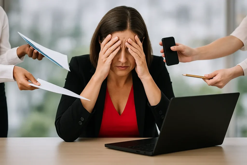 Femme submergée par des sollicitations professionnelles, illustrant le stress et le burn-out au travail