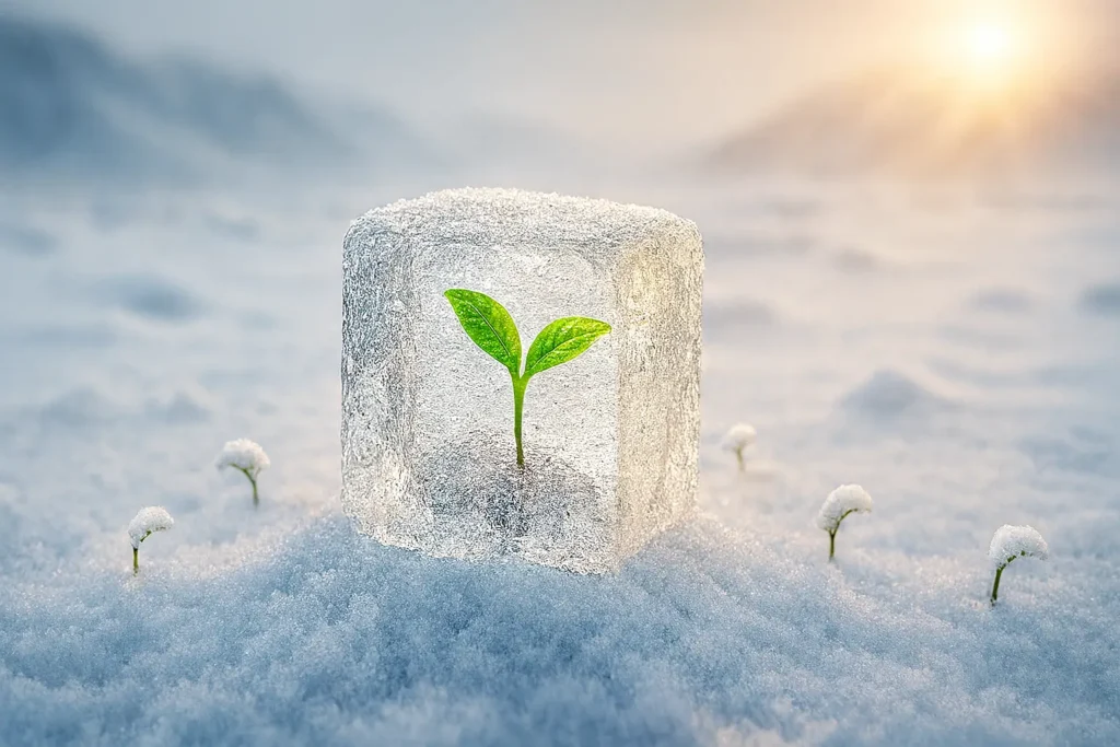 Jeune plante poussant dans la glace symbolisant la reconstruction de la confiance en soi