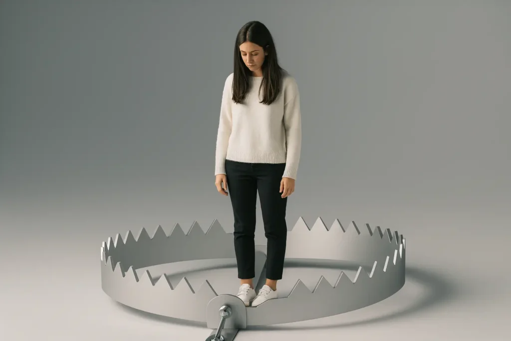 Personne debout dans un piège symbolisant le manque de confiance et l’estime de soi fragilisée