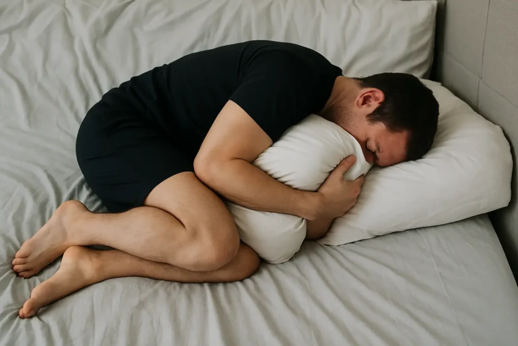 Homme allongé dans son lit, recroquevillé, illustrant la dépression et la difficulté à se lever le matin