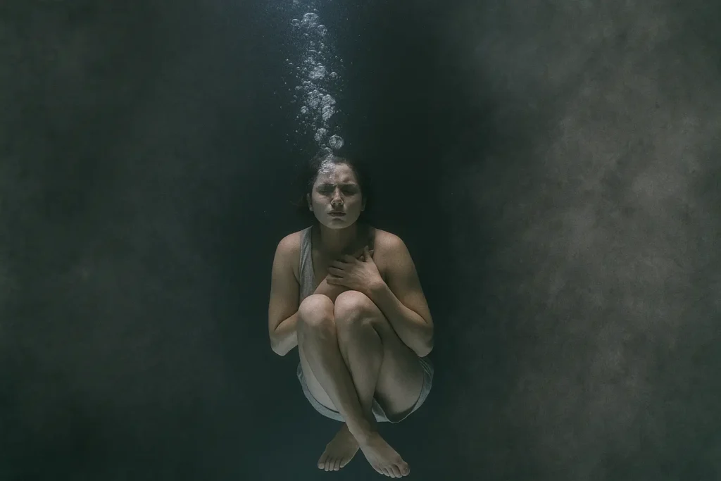 Personne immergée sous l’eau, symbolisant la détresse, l’oppression et la dépression