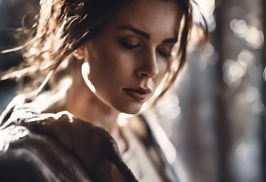 Femme pensive au regard baissé, exprimant la tristesse, le repli sur soi et la dépression