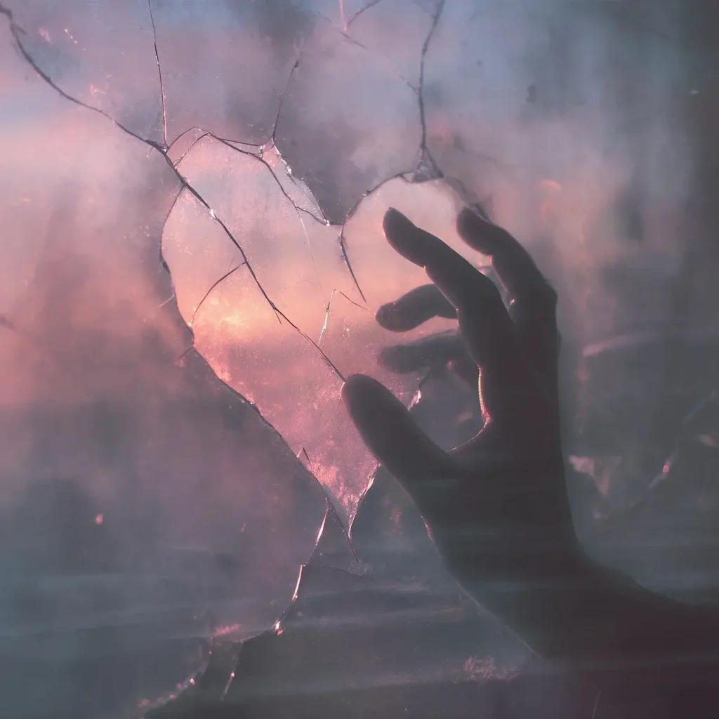 Main derrière une vitre fissurée représentant les blessures émotionnelles et l’estime de soi fragile