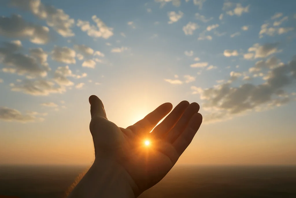Une main tendue vers un soleil couchant, symbole de la douceur, du lâcher-prise et de l’apaisement dans le deuil.