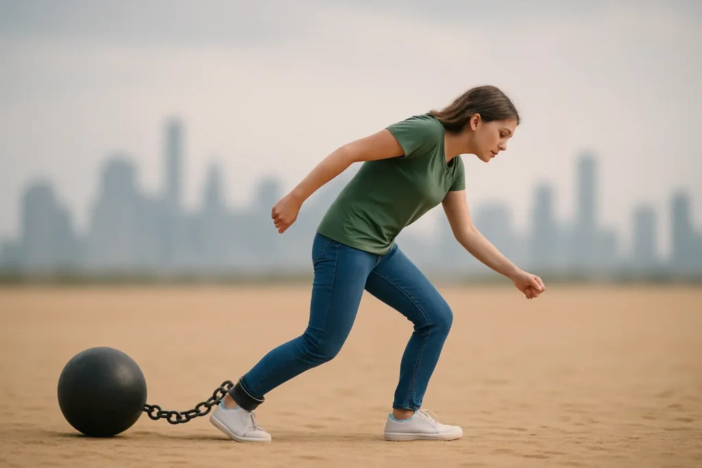Manque d’élan dans la vie : une personne entravée symbolisant les blocages intérieurs travaillés en Relance de la Dynamique Personnelle, EMDR et ressenti thérapeutique