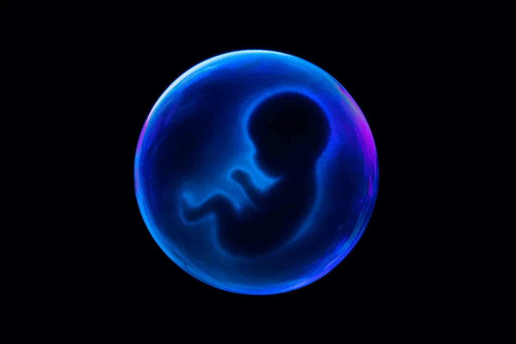 Fœtus dans une bulle bleue symbolisant le traumatisme de naissance et la Relance de la Dynamique Personnelle.
