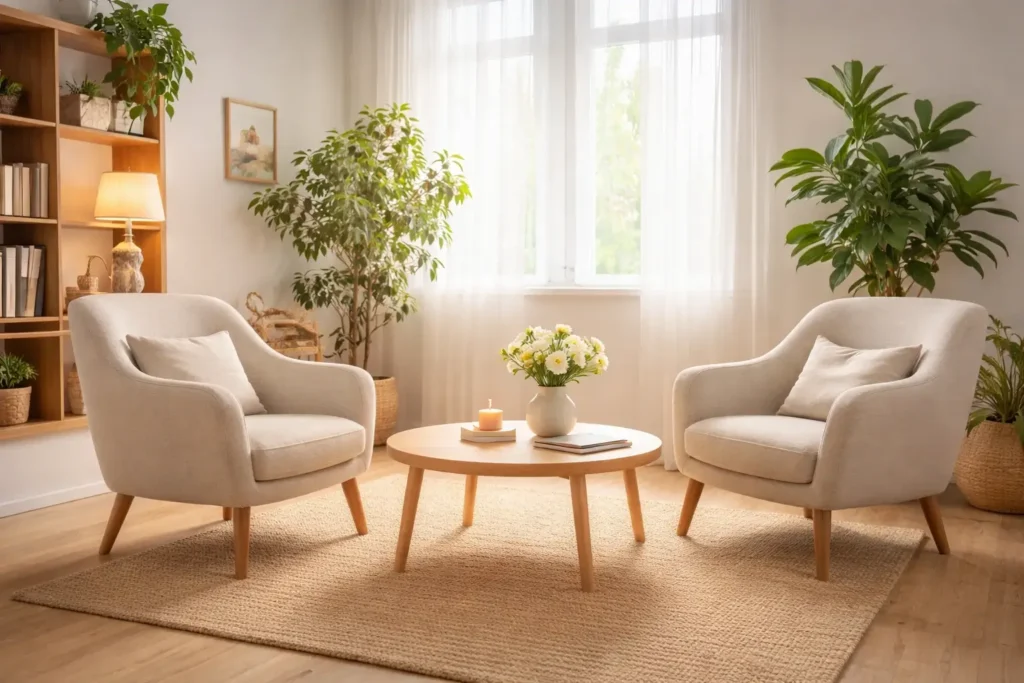 Cabinet de thérapie chaleureux avec deux fauteuils et ambiance apaisante pour accompagner les traumatismes précoces.