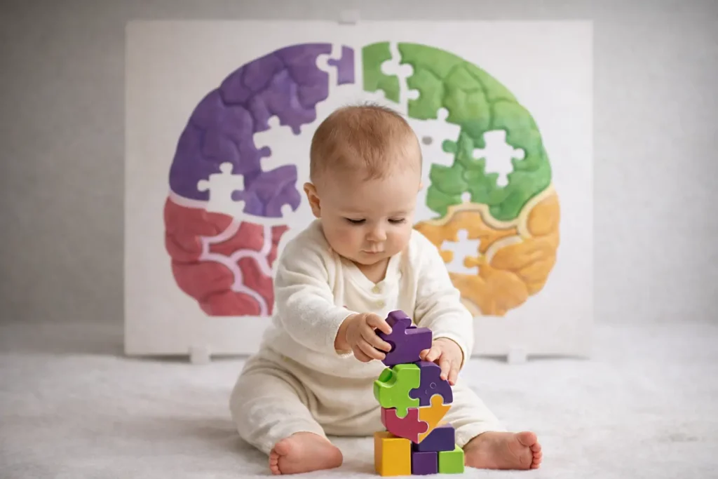 Bébé devant un puzzle en forme de cerveau illustrant la construction psychique et les premières empreintes liées à la naissance.