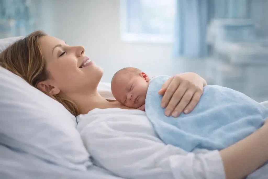 Mère allongée en maternité tenant son nouveau-né contre elle, symbole d’apaisement et de réparation après la naissance.