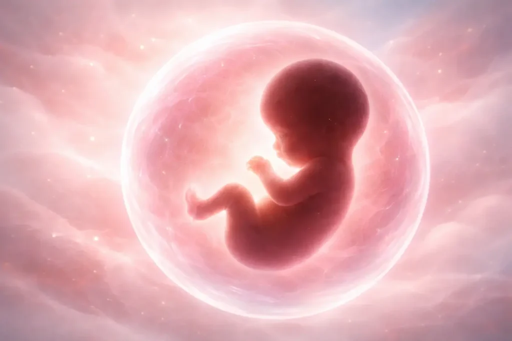 Illustration réaliste d’un fœtus dans un environnement intra-utérin symbolisant la rupture vécue lors de la naissance.