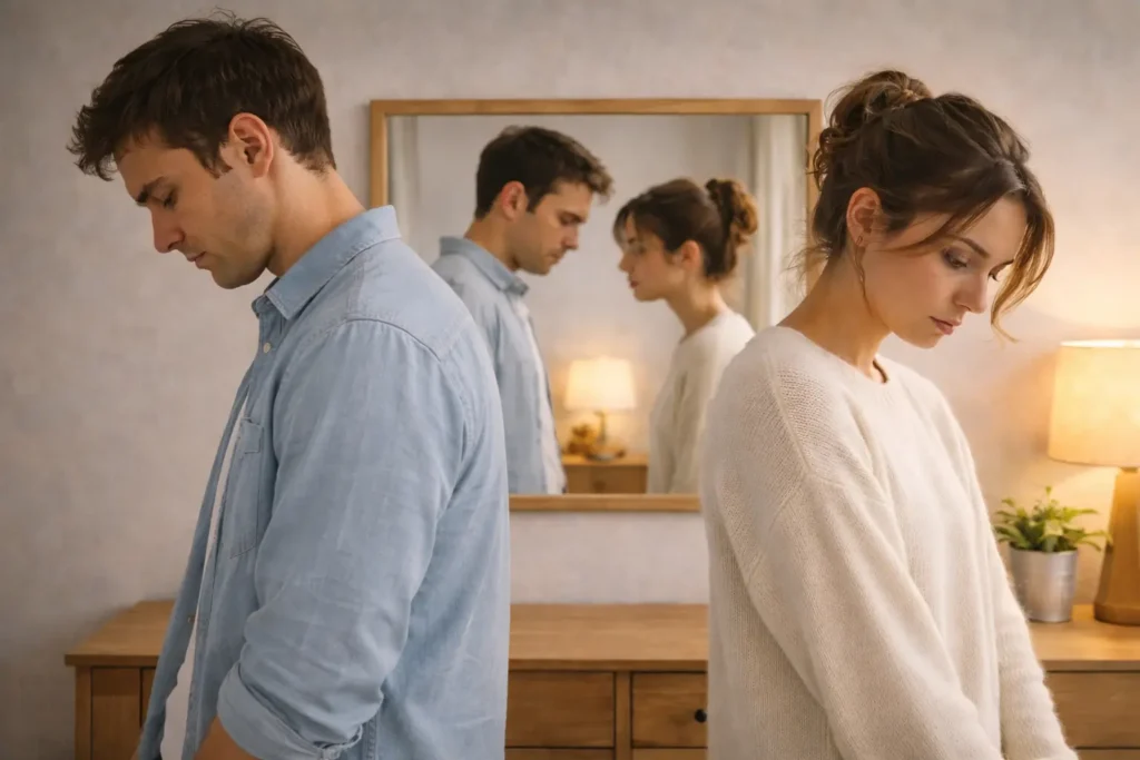 Homme et femme dos à dos dans une chambre illustrant un conflit de couple et une distance émotionnelle