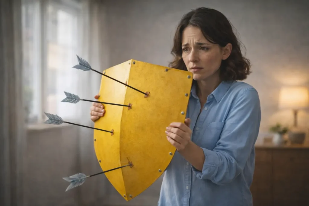 Femme tenant un bouclier recevant des flèches symbolisant la protection face aux blessures émotionnelles