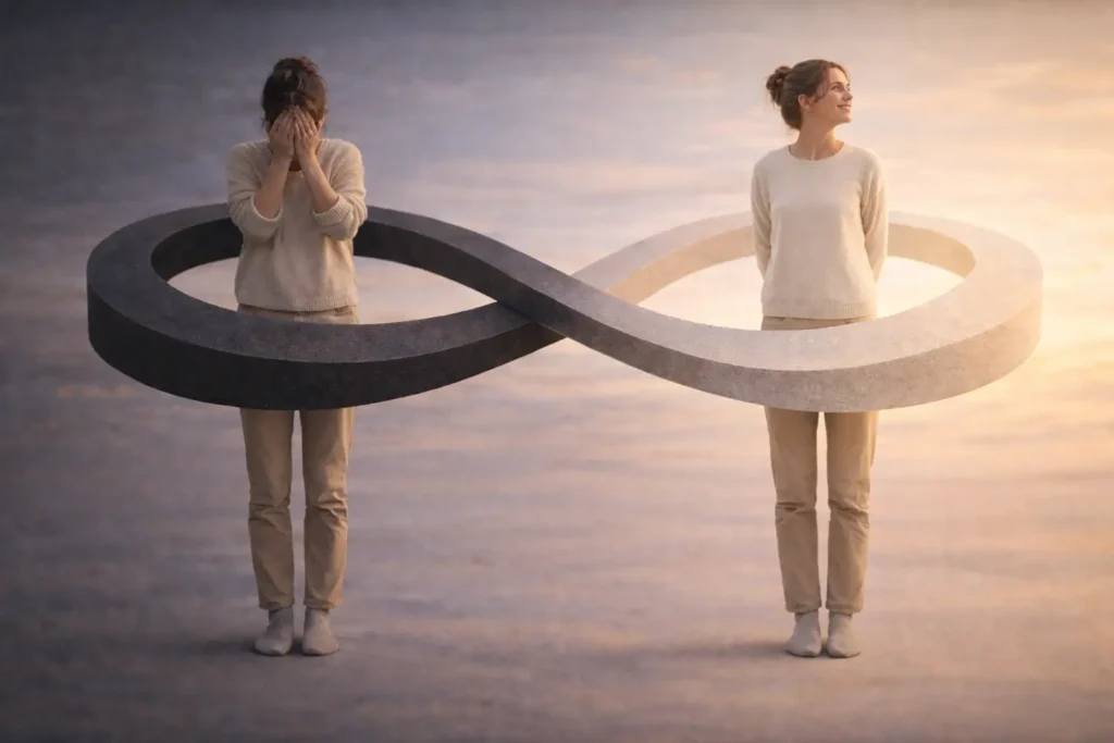 Deux femmes reliées par un symbole infini représentant une transformation personnelle et un équilibre intérieur